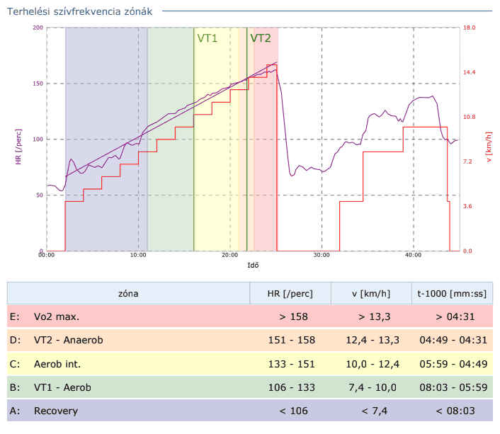 Spiroergometria edzészónák grafikon – egyéni pulzus- és sebességalapú zónák meghatározása, Alba Diagnosztika